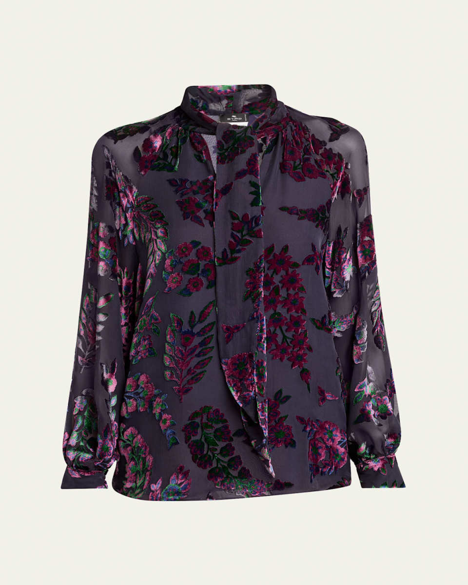 Long-Sleeve Burnout Tie-Neck Blouse